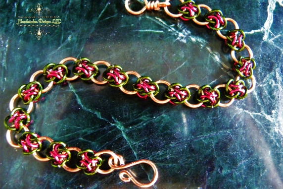 Copper and green & magenta 4 Winds chainmaille bracelet - Handmaden Designs LLC