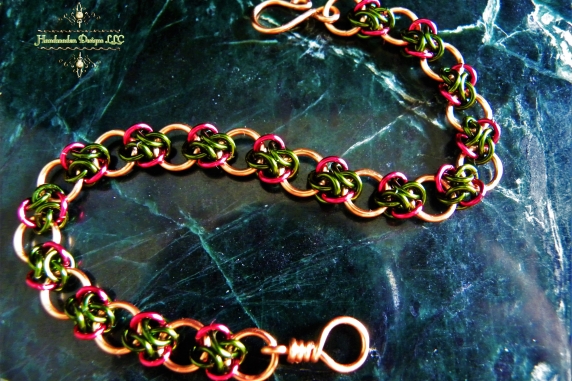 Copper and green & magenta 4 Winds chainmaille bracelet - Handmaden Designs LLC