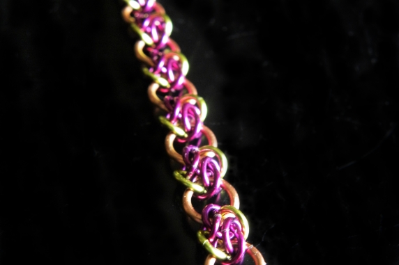 Copper and green & purple 4 Winds chainmaille bracelet - Handmaden Designs LLC