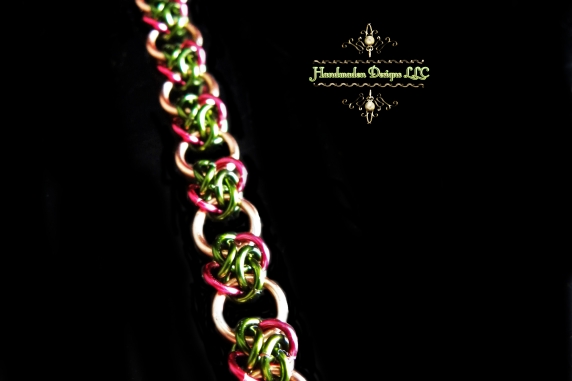 Copper and green & magenta 4 Winds chainmaille bracelet - Handmaden Designs LLC