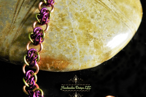 Copper and green & purple 4 Winds chainmaille bracelet - Handmaden Designs LLC