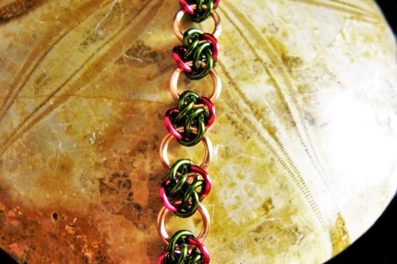 Copper and green & magenta 4 Winds chainmaille bracelet - Handmaden Designs LLC