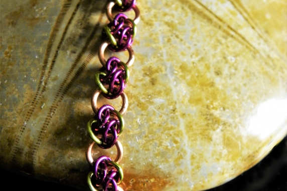 Copper and green & purple 4 Winds chainmaille bracelet - Handmaden Designs LLC