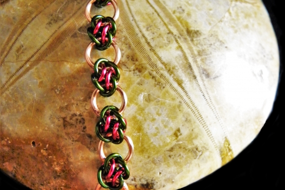 Copper and green & magenta 4 Winds chainmaille bracelet - Handmaden Designs LLC