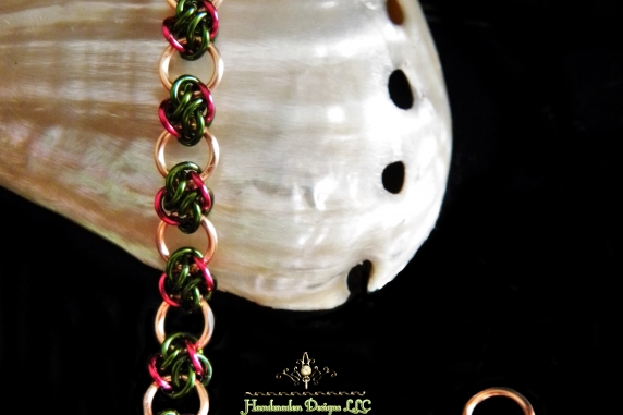 Copper and green & magenta 4 Winds chainmaille bracelet - Handmaden Designs LLC