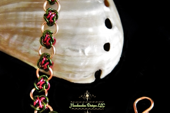 Copper and green & magenta 4 Winds chainmaille bracelet - Handmaden Designs LLC