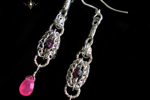 Sterling silver, Ruby Zoisite, and pink Sapphire Persianove earrings