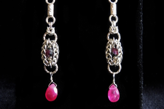 Sterling silver, Ruby Zoisite, and pink Sapphire Persianove earrings