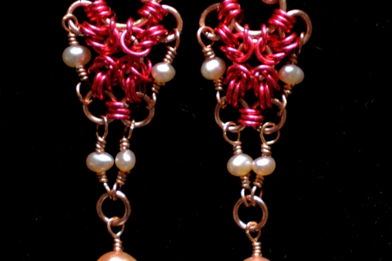 Copper, hot pink enameled copper, and freshwater pearl Inverted Romanov earrings
