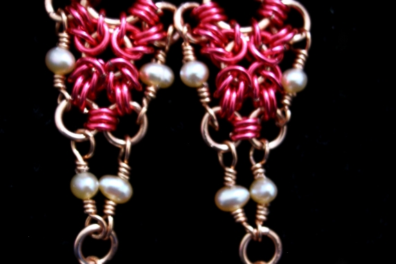 Copper, hot pink enameled copper, and freshwater pearl Inverted Romanov earrings