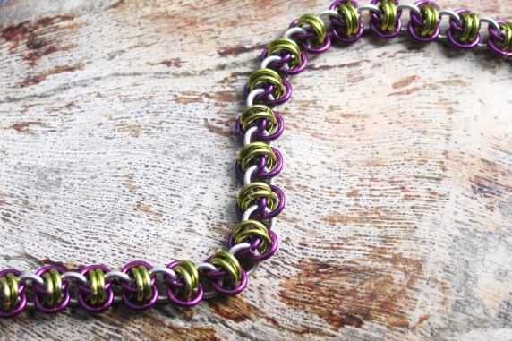 Sterling  silver, lime green, and purple Barrelweave chainmaille bracelet