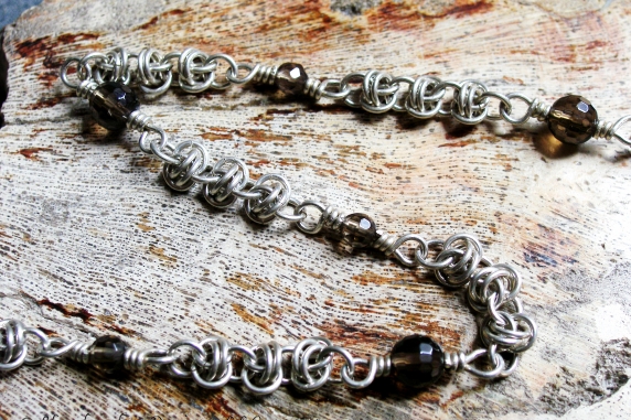 Sterling silver and Smokey Quartz Barrelweave anklet by Handmaden Designs LLC