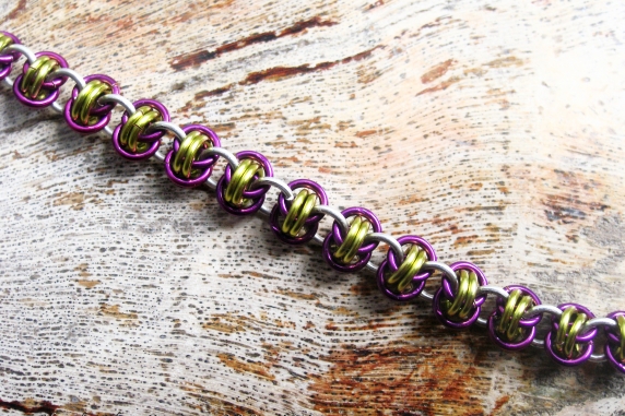 Sterling  silver, lime green, and purple Barrelweave chainmaille bracelet