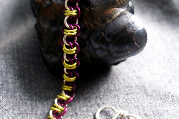 Sterling  silver, lime green, and purple Barrelweave chainmaille bracelet