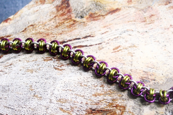 Sterling  silver, lime green, and purple Barrelweave chainmaille bracelet