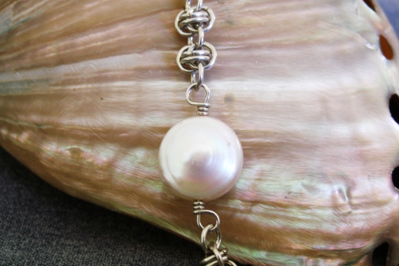 Sterling silver, pearl, and topaz Barrelweave anklet by Handmaden Designs LLC