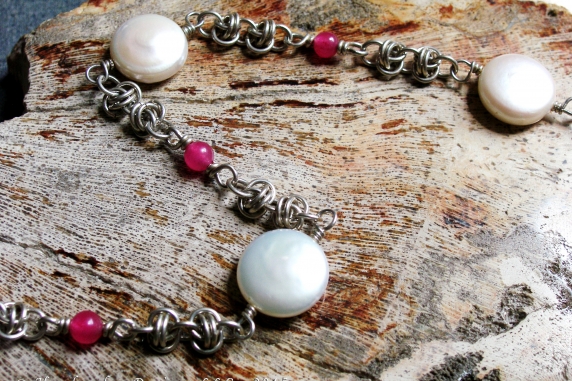 Sterling silver, pearl, and topaz Barrelweave anklet by Handmaden Designs LLC