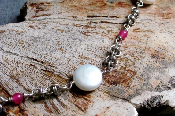 Sterling silver, pearl, and topaz Barrelweave anklet by Handmaden Designs LLC