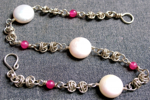 Sterling silver, pearl, and topaz Barrelweave anklet by Handmaden Designs LLC