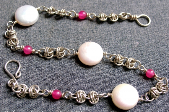 Sterling silver, pearl, and topaz Barrelweave anklet by Handmaden Designs LLC