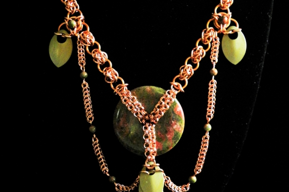 Copper and Unakite chainmaille statement necklace - Handmaden Designs LLC