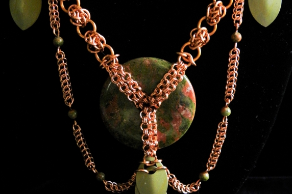 Copper and Unakite chainmaille statement necklace - Handmaden Designs LLC