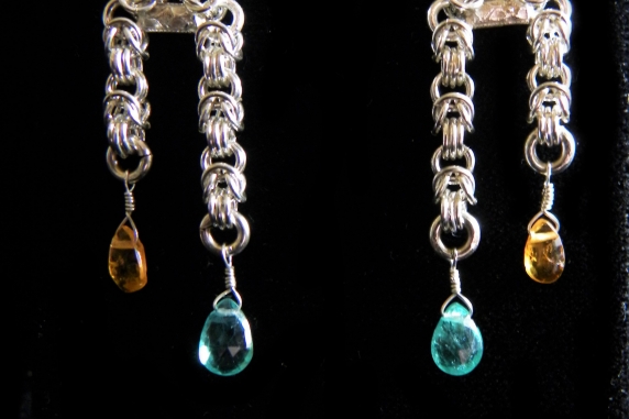 Sterling Silver Half Byzantine Spessartine Garnet and Apatite Earrings