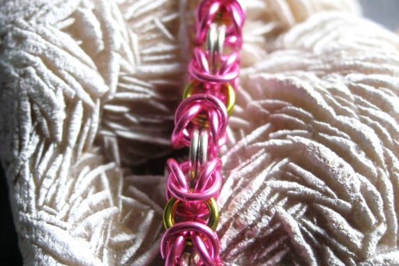 Sterling silver, hot pink, and lime green Byzantine chainmaille bracelet