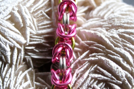 Sterling silver, hot pink, and lime green Byzantine chainmaille bracelet