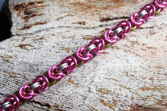 Sterling silver, hot pink, and lime green Byzantine chainmaille bracelet