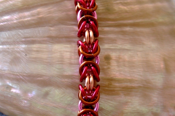 copper, hot pink, brown, and magenta Byzantine anklet by Handmaden Designs LLC