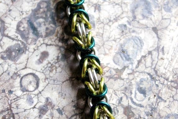 Sterling silver, lime green, and teal Byzantine anklet by Handmaden Designs LLC