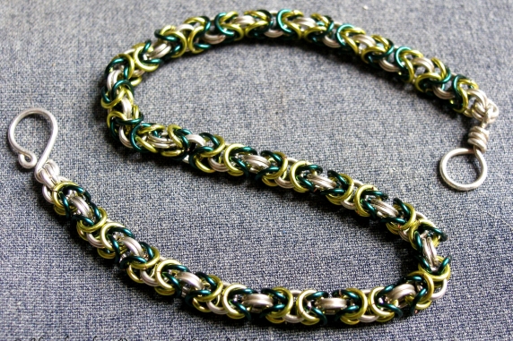 Sterling silver, lime green, and teal Byzantine anklet by Handmaden Designs LLC