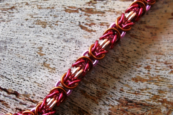 copper, hot pink, brown, and magenta Byzantine anklet by Handmaden Designs LLC