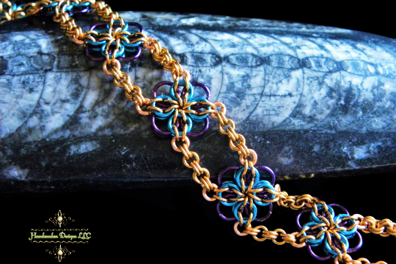 Copper and enameled copper Celtic Flower chainmaille bracelet