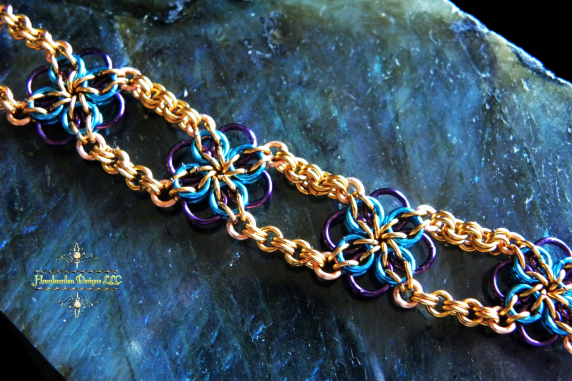 Copper and enameled copper Celtic Flower chainmaille bracelet