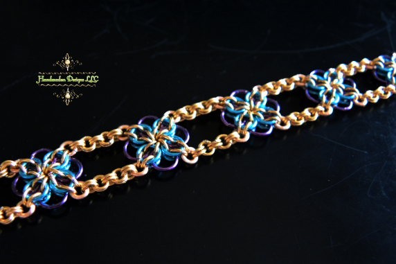 Copper and enameled copper Celtic Flower chainmaille bracelet