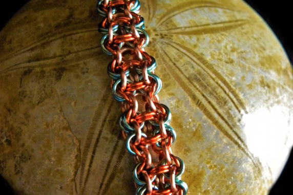 Copper and enameled copper Chelydra chainmaille bracelet - Handmaden Designs LLC