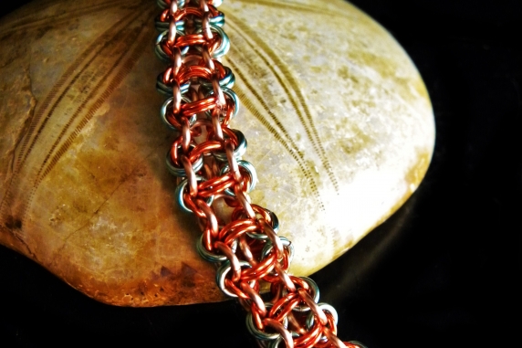 Copper and enameled copper Chelydra chainmaille bracelet - Handmaden Designs LLC