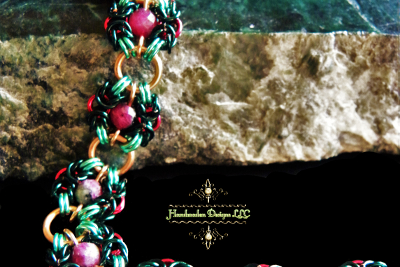 Copper and enameled copper Romanov chainmaille bracelet with Ruby Zoisite