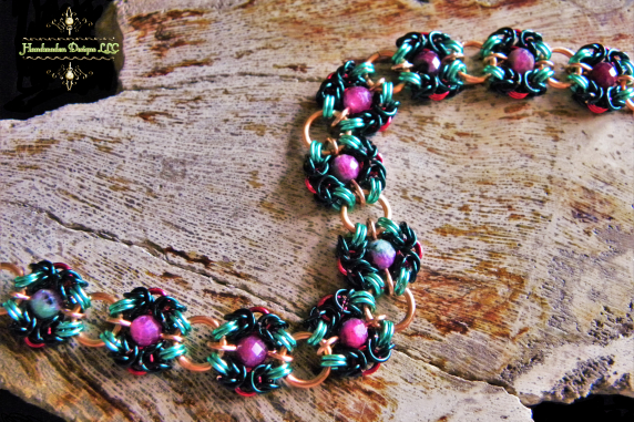 Copper and enameled copper Romanov chainmaille bracelet with Ruby Zoisite