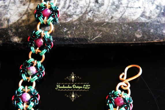 Copper and enameled copper Romanov chainmaille bracelet with Ruby Zoisite