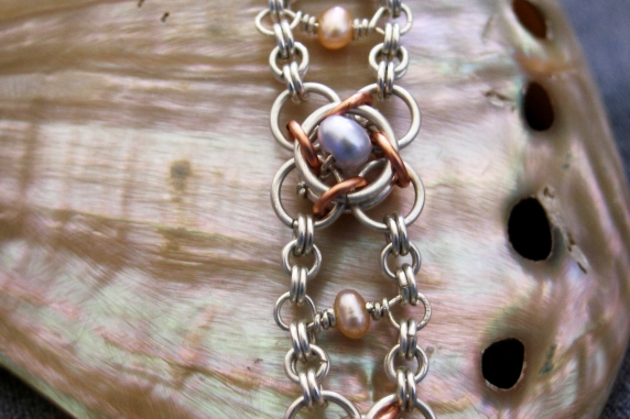 Sterling silver, copper, and freshwater pearl Not Tao 4 bracelet