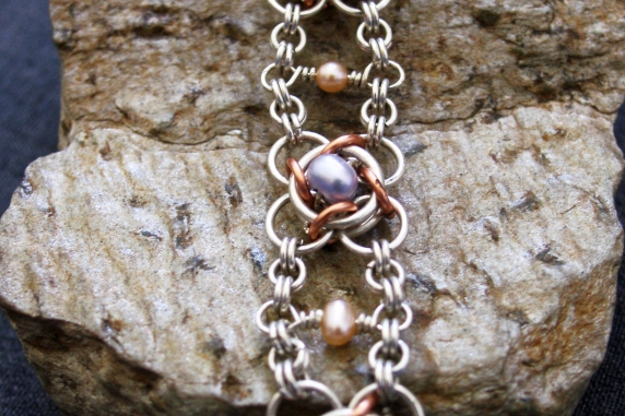 Sterling silver, copper, and freshwater pearl Not Tao 4 bracelet