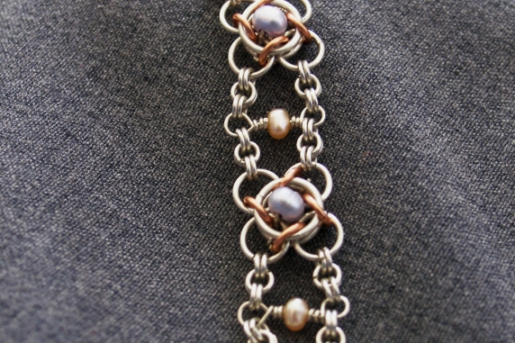 Sterling silver, copper, and freshwater pearl Not Tao 4 bracelet