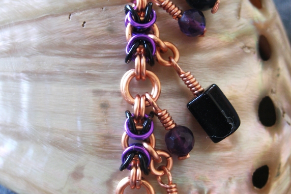 Copper, black, and purple Segmented Byzantine anklet by Handmaden Designs LLC