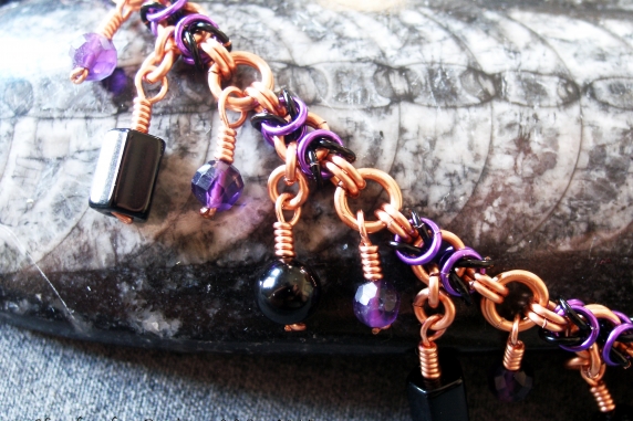 Copper, black, and purple Segmented Byzantine anklet by Handmaden Designs LLC