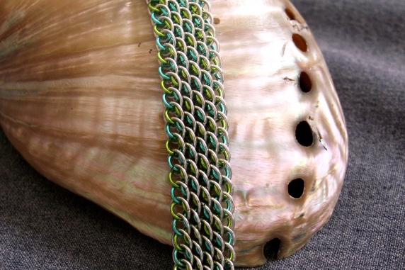 Sterling silver and aqua and lime green enameled copper Dragonscale bias bracele