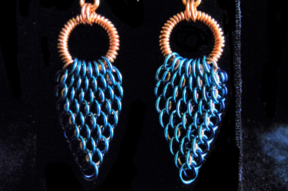 Copper & enameled copper Dragonwing chainmaille earrings - Handmaden Designs LLC