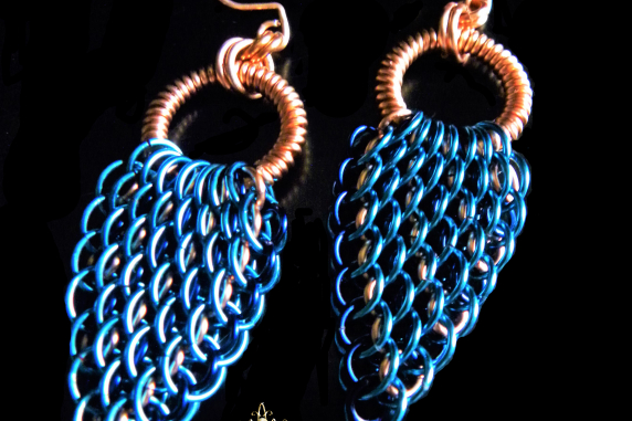 Copper & enameled copper Dragonwing chainmaille earrings - Handmaden Designs LLC